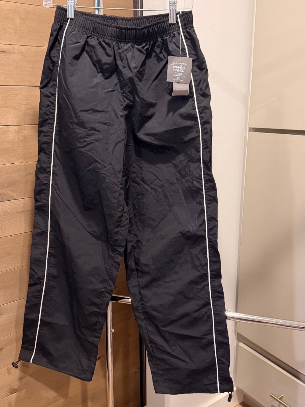 NWT Grayson Threads Black Track Pants w/ White Stripes Toggles to Bottom Size XS
